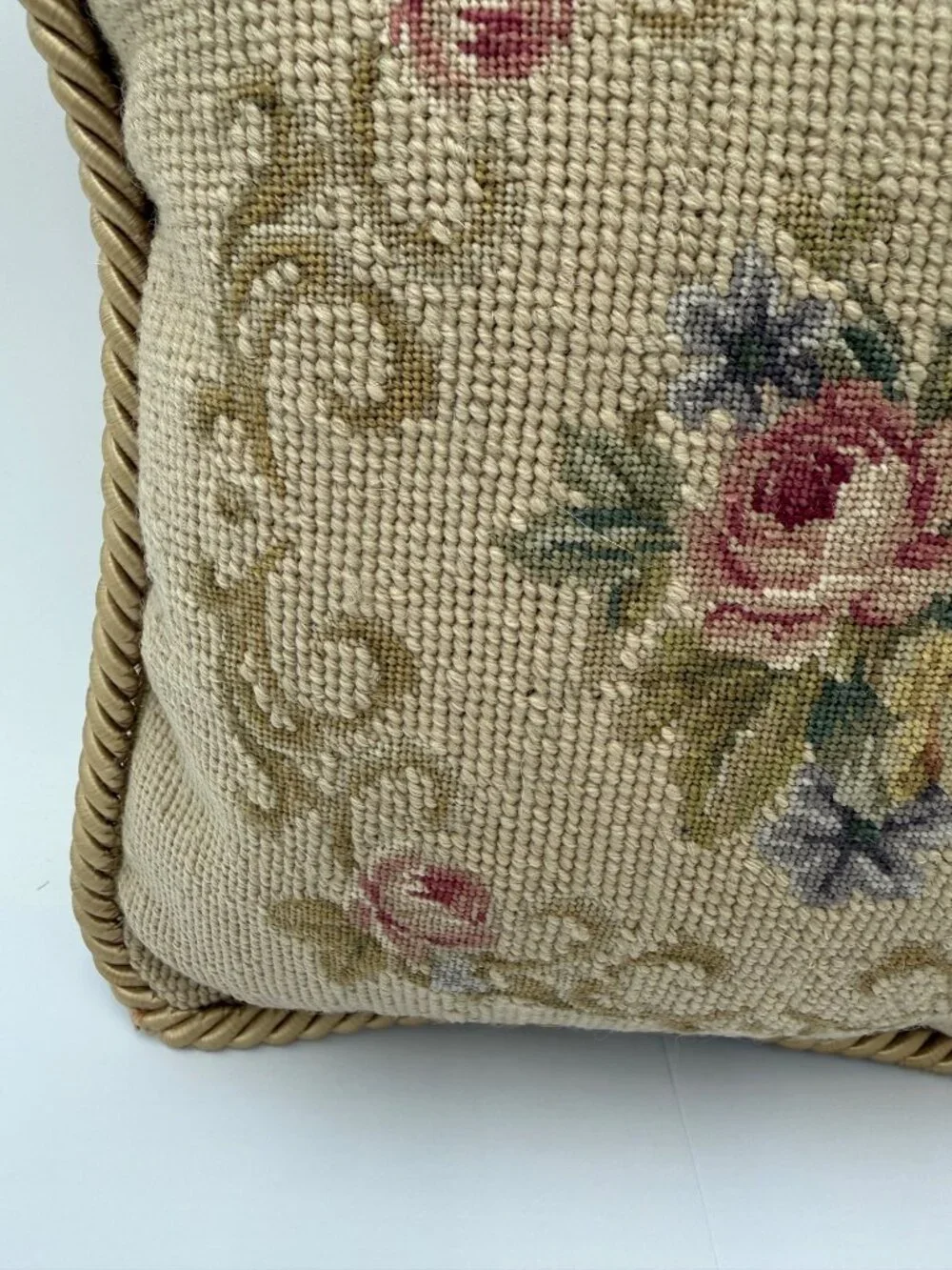 Vintage Floral Needlepoint Throw Pillow With Gold Rope Trim